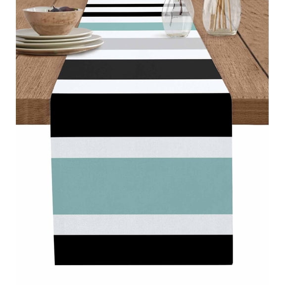 Turquoise Black Stripe Table Runner Cotton Linen 36 Inch Holiday Dresser Scarves, Modern Abstract Coarse Striped Tablerunner for Kitchen Coffee Dining Bedroom Dinner Scarf Décor 13''x36''