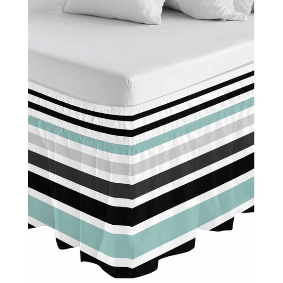 Turquoise Black Stripe Wrap Around Bed Skirts for King Bed 16" Drop,Bed Skirt with Adjustable Elastic Belt Dust Ruffle Bed Valance for Bedroom Hotel Modern Abstract Coarse Striped Bed Frame Cover