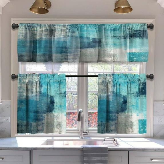 Turquoise Blackout Kitchen Curtains Tiers and Valances Set 3 Piece for Windows Grey Kitchen Window Curtains Set,Modern Abstract Art Valances for Living Room(36" Tiers Set)