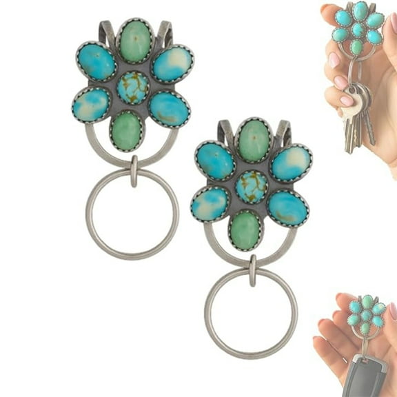 Turquoise Bloom Bag Clip Key Holder，Vintage Fashion Turquoise Bloom Purse Keychain Clip for Belts Pants Pocket Charm Women Cowgirl Cowboy Key（2pcs）