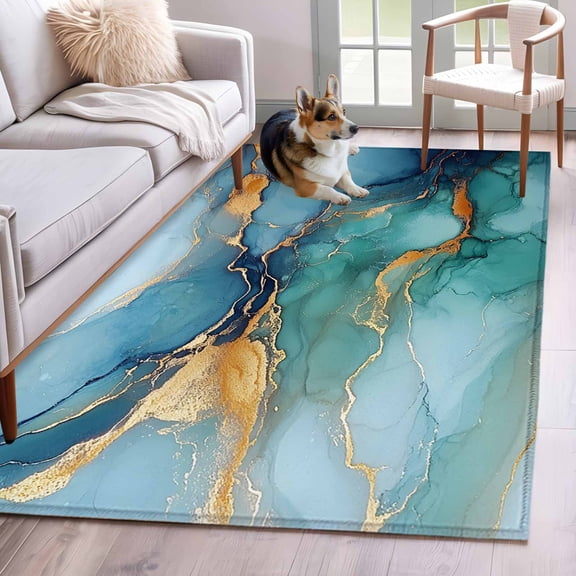 Turquoise Blue Area Rug 3x5 FT, Non Slip Entryway Bedside Carpet, Modern Teal Gold Marble Textured Washable Soft Floor Carpet Indoor Mat Non-Shedding Throw Rugs for Dorm Kitchen Home Office