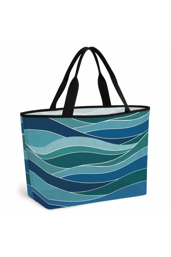 Turquoise Blue Beach Bag for Women, Large Breathable Mesh Beach Tote Bag, Green Gradient Abstract Wave Stripes Sandproof Lightweight Travel Bags for Vacation Picnic Swimming Pool 15.7"x15.7"x9.1"