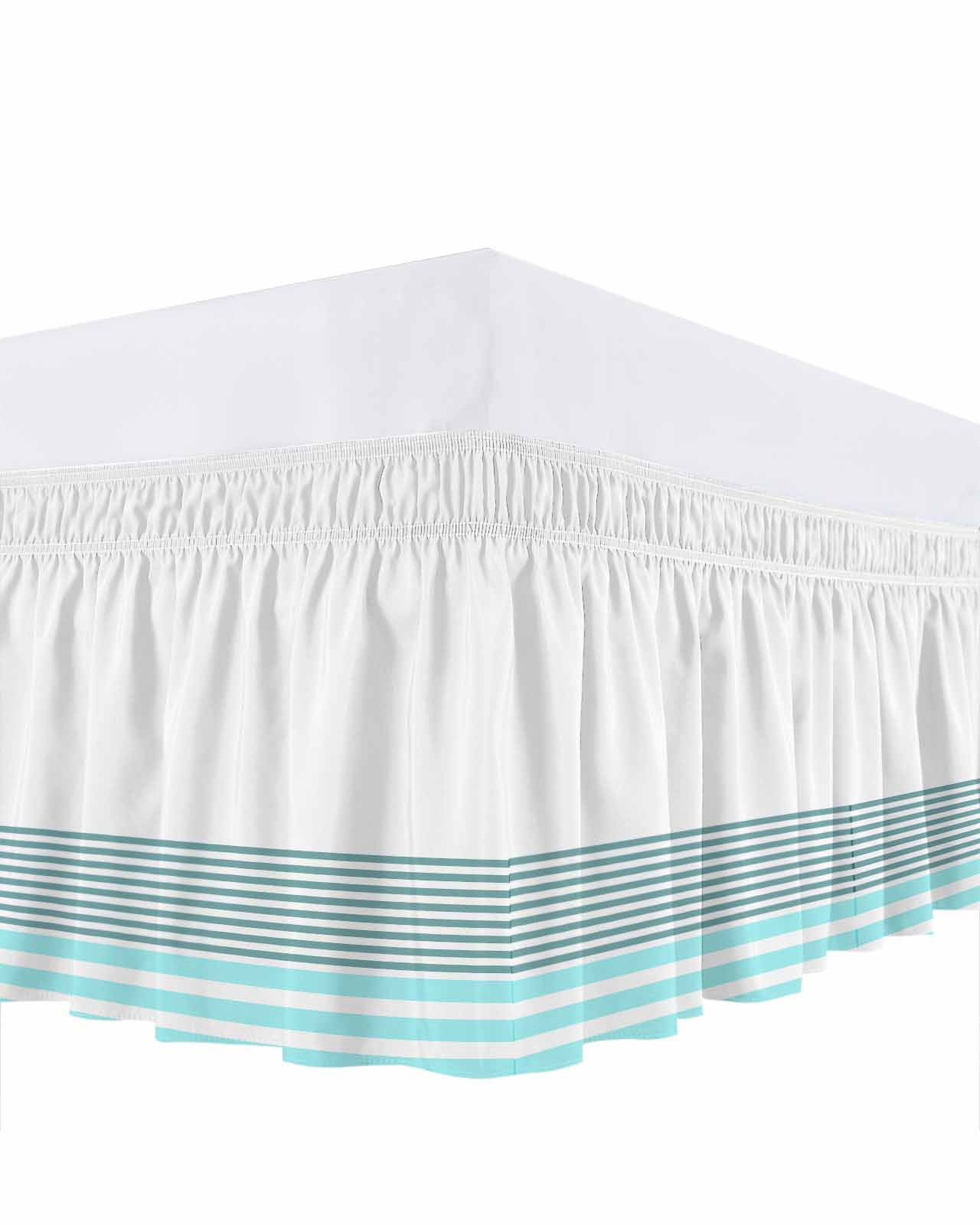 Turquoise Blue Bed Skirt Queen Size 16" Drop Striped Geometric Ruffled Wrap Around Bed Skirts Adjustable Elastic Bedskirt Dust Ruffle for Queen Size Bed