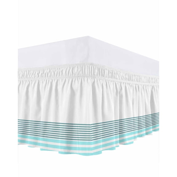Turquoise Blue Bed Skirt Queen Size 16" Drop Striped Geometric Ruffled Wrap Around Bed Skirts Adjustable Elastic Bedskirt Dust Ruffle for Queen Size Bed
