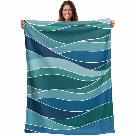 Turquoise Blue Blanket Soft Cozy Warm Throw Blanket for Couch, Plush Fuzzy Flannel Fleece Blankets for Sofa, Green Gradient Abstract Wave Stripes Bed Blankets Lightweight Gifts for Women, 40"x60"