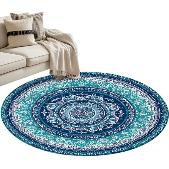 Turquoise Blue Boho Round Rug 3ft Washable Circle Entryway Rugs Non Slip Tribal Ethnic Abstract Geometric Art Area Rug Indoor Floor Carpet for Bedroom Kitchen Living Room Office Dining Room Nursery