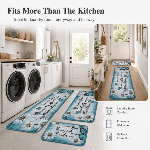 Turquoise Blue Butterfly Kitchen Runner Rug Set 1 Piece Non Slip Cushioned Home Floor Mats Daisy Rustic Wood Washable Carpet 16" x 24"