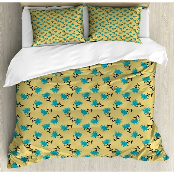 Turquoise Blue Duvet Cover Set, Abstract Pattern of Flower Petal with Peduncle, Decorative 3 Piece Bedding Set with 2 Pillow Shams, Queen Size, Camel Dark Turquoise, by Ambesonne