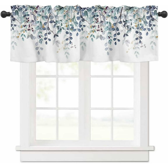 Turquoise Blue Eucalyptus Leaves Valance for Windows Berry Branch Plant Curtains Valances Spring Short Curtains Rod Pocket Window Treatment for Kitchen Living Room Bedroom Bathroom Decor 1 Panel 54x18