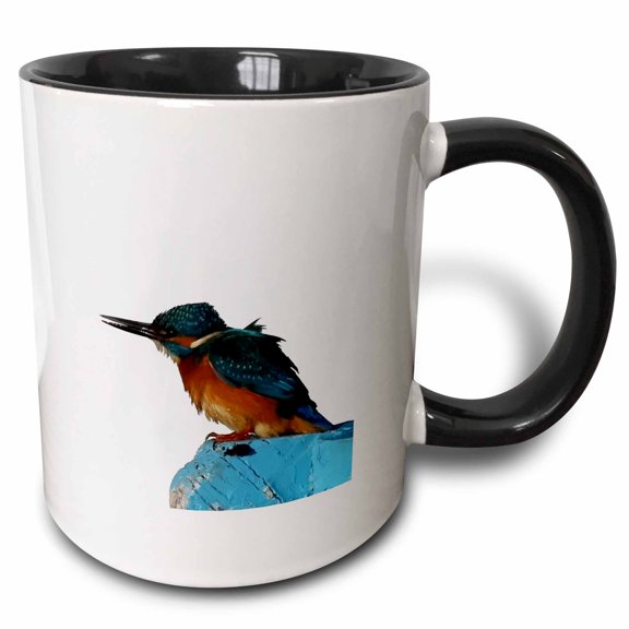 3drose, Turquoise Blue Fishing Bird Vector Art, 11oz Two-tone Black Mug