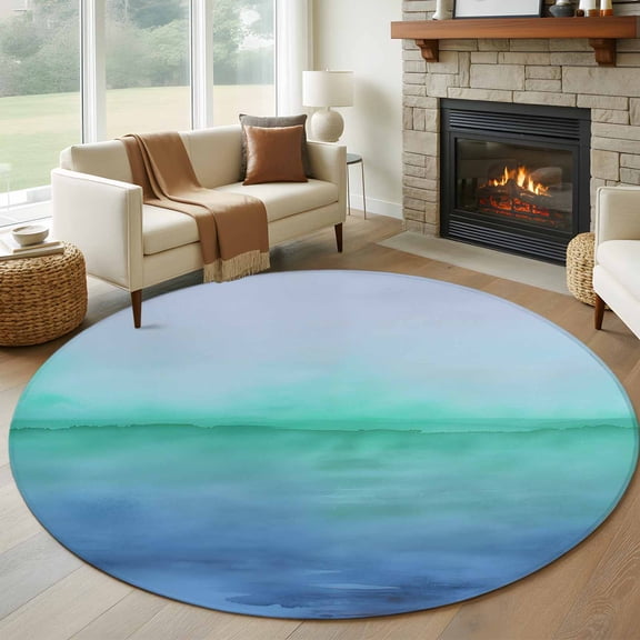 Turquoise Blue Gray Large Round Rug 8 FT, Non Slip Living Room Area Carpet, Vintage Minimalist Ombre Abstract Washable Soft Circle Rug Non-Shedding Floor Carpet for Bedroom Office Dining Room