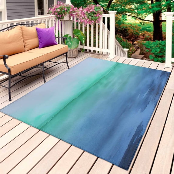 Turquoise Blue Gray Outdoor Rug for Patio/Deck/Porch, Non-Slip Large Area Rug 5 x 7 Ft, Vintage Minimalist Ombre Abstract Indoor Outdoor Rugs Washable Area Rugs, Reversible Camping Rug Carpet Runner