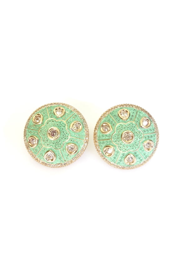 Turquoise Blue Green Colour Big Round Shape Zircon Gemstone Beautiful Indian Ethnic Designer Fashion Stud Earrings For Women 18ct Rose Gold Plated Modern Contemporary Party Stud Earring Jewelry