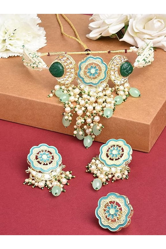 Turquoise Blue & Green Meenakari Cascading Waterfall Beads Necklace Earring & Ring Set For Women