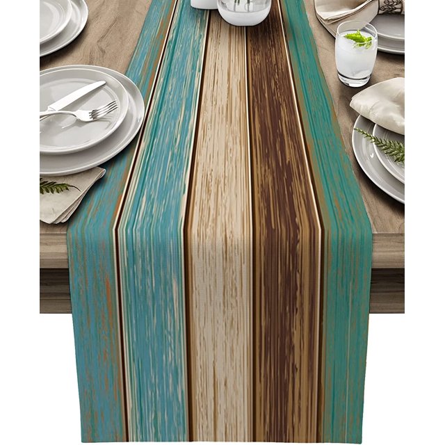 Turquoise Blue Green Wood Striped Linen Table Runners Dresser Scarves