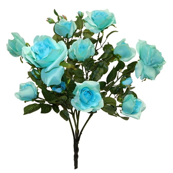 Turquoise Blue Hybrid Tea Rose with Buds 27in Artificial Polysilk Faux Fake Flower Bush for Craft Home Garden Outdoor Bouquet Arrangement Ceremony Wedding Arch Floral Wall Aisle Decor (Aqua, One each)