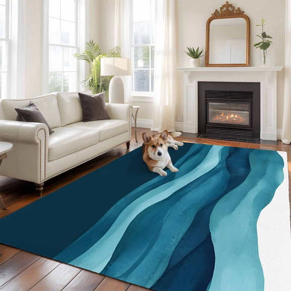 Turquoise Blue Large Area Rugs 5x8 ft Water Ripple Abstract Gradient Waves Modern Washable Rug Non Slip Indoor Carpet Absorbent Floor Mat for Living Room Bedroom Dining Room