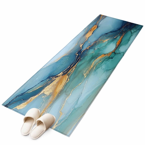 Turquoise Blue Large Area Rugs for Bedroom Living Room, Soft Non Slip Carpet Bedside Rug, Modern Teal Gold Marble Textured Rectangular Floor Cover Kitchen Accent Rug 2'x6' for Dining Room/Office