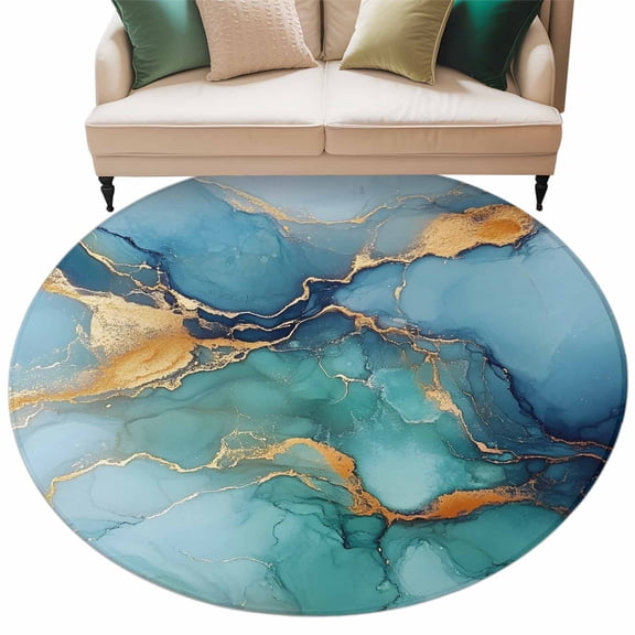 Turquoise Blue Large Area Rugs for Bedroom Living Room, Soft Non Slip Carpet Bedside Rug, Modern Teal Gold Marble Textured Round Floor Cover Kitchen Accent Rug 8' for Dining Room/Office