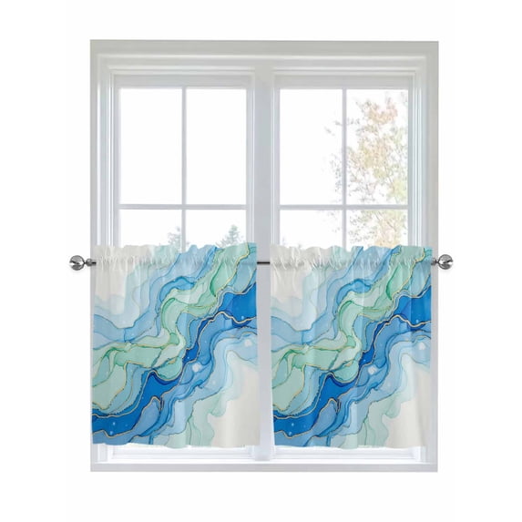 Turquoise Blue Marble 2 Panel Kitchen Curtains for Small Windows, Abstract Art Modern Fluid Marble Bathroom Tier Curtain, Short Window Treatment for Bedroom/Living Room 55"x36"