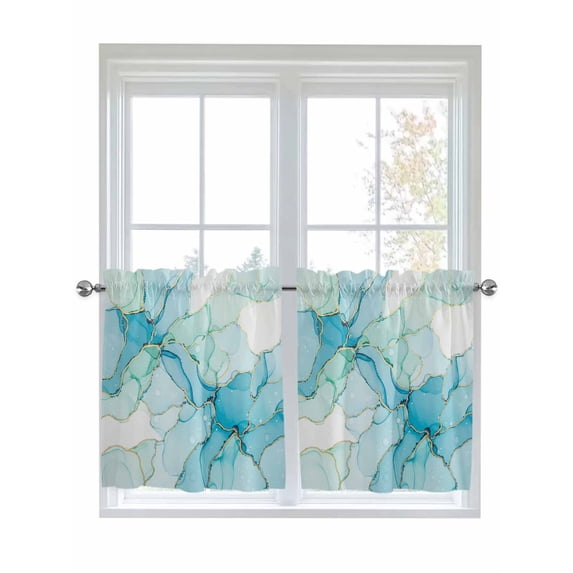 Turquoise Blue Marble 2 Panel Kitchen Curtains for Small Windows, Modern Abstract Art Cracks Bathroom Tier Curtain, Short Window Treatment for Bedroom/Living Room 55"x24"