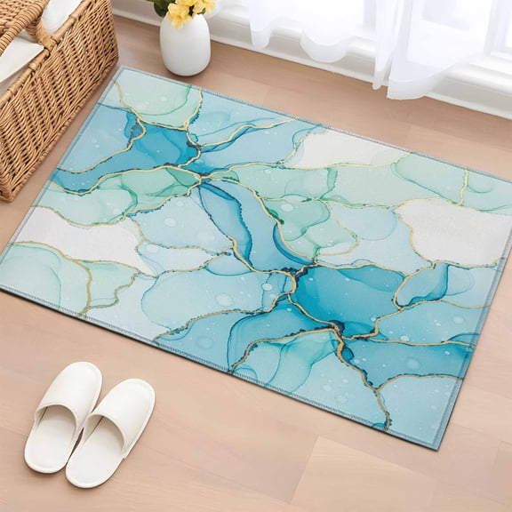 Turquoise Blue Marble Entryway Rug 2'x3' Non Slip Front Door Mats, Modern Abstract Art Cracks Entrance Rugs Indoor Outdoor Carpet, Washable Floor Mats Small Area Rug for Bedroom Kitchen