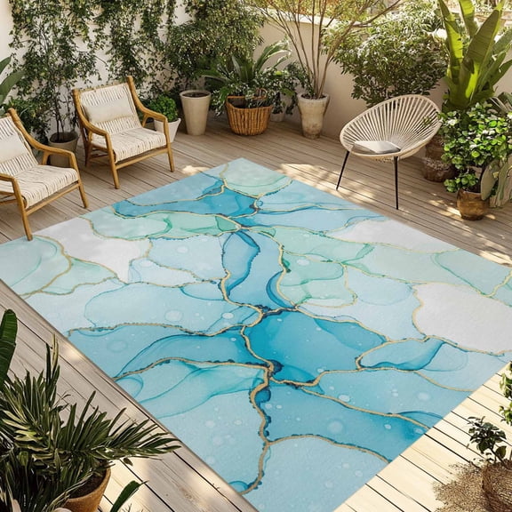 Turquoise Blue Marble Outdoor Rug for Patio/Deck/Porch, Non-Slip Large Area Rug 3 x 5 Ft, Modern Abstract Art Cracks Indoor Outdoor Rugs Washable Area Rugs, Reversible Camping Rug Carpet Runner