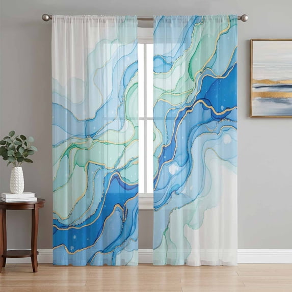 Turquoise Blue Marble Sheer Curtains 72 Inch Length 2 Panels Set Window Treatments, Abstract Art Modern Fluid Marble Rod Pocket Semi Curtains for Living Room/Bedroom/Kitchen Décor, 104"W x 72"L