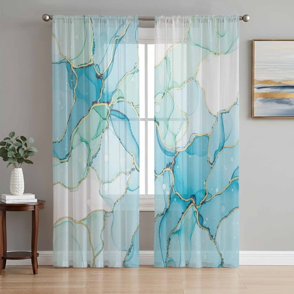 Turquoise Blue Marble Sheer Curtains 96 Inch Length 2 Panels Set Window Treatments, Modern Abstract Art Cracks Rod Pocket Semi Curtains for Living Room/Bedroom/Kitchen Décor, 104"W x 96"L