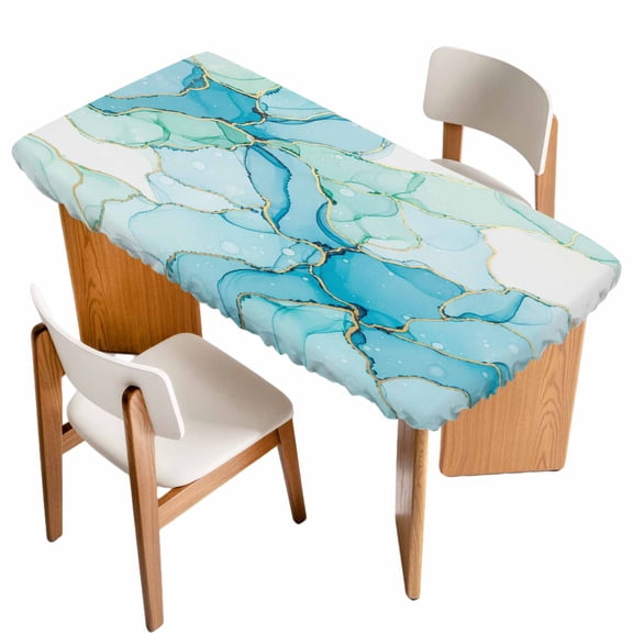 Turquoise Blue Marble Table Cloths for 3 Foot Rectangle Tables, Modern Abstract Art Cracks Patio Waterproof Elastic Fitted Tablecloths, Washable Rectangular Table Cover for Camping