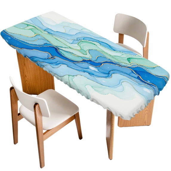 Turquoise Blue Marble Table Cloths for 8 Foot Rectangle Tables, Abstract Art Modern Fluid Marble Patio Waterproof Elastic Fitted Tablecloths, Washable Rectangular Table Cover for Camping