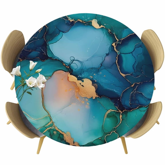 Turquoise Blue Ombre Marble Round Tablecloth 36-44 Inch Round Fitted Table Cloth with Elastic Edge, Modern Abstract Art Waterproof Table Cover Protector for Outdoor Picnic Party Dining