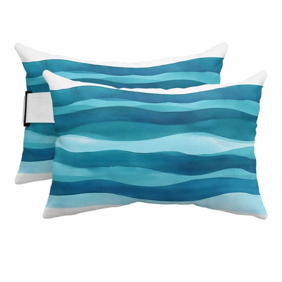 Turquoise Blue Outdoor Pillows for Chaise Lounge Chair Beach Headrest Pillow Set of 2 Waterproof Lumbar Pillows with Insert&Strap Abstract Beach Wave Geometric Striped Pillow for Patio Pool 12"x20"