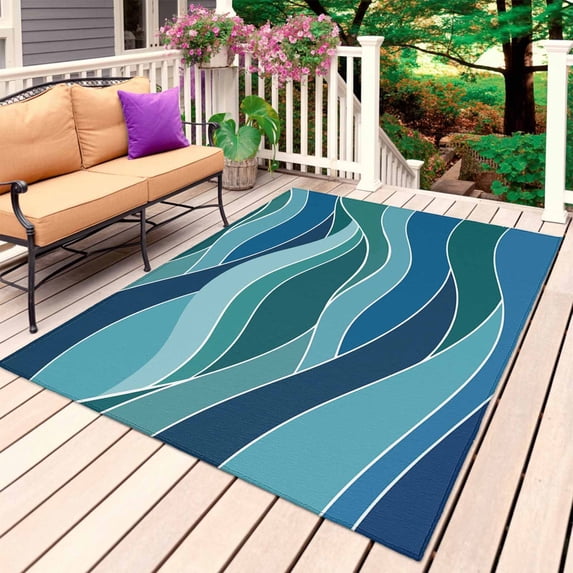 Turquoise Blue Outdoor Rug for Patio/Deck/Porch, Non-Slip Large Area Rug 3 x 5 Ft, Green Gradient Abstract Wave Stripes Indoor Outdoor Rugs Washable Area Rugs, Reversible Camping Rug Carpet Runner