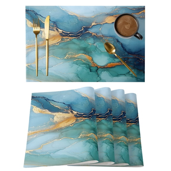 Turquoise Blue Placemats Set of 2, Cotton Linen Fabric Place Mats, Modern Teal Gold Marble Textured Washable Decorative Table Mats Protector for Home Kitchen Dining Wedding Party Coffee Tables