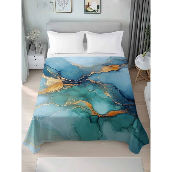 Turquoise Blue Queen Size Flat Sheet, Wrinkleproof & Fadeproof Cooling Flat Bed Sheet Only, Modern Teal Gold Marble Textured Breathable Soft Bedding Top Sheets 90 x 102 Inches