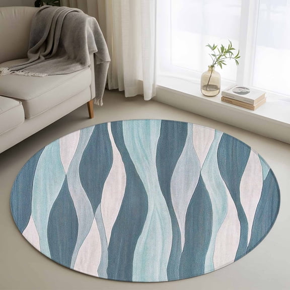 Turquoise Blue Round Rug 3ft Washable Circle Entryway Rugs Non Slip Retro Gradient Stripes Abstract Geometric Area Rug Indoor Floor Carpet for Bedroom Kitchen Living Room Office Dining Room Nursery