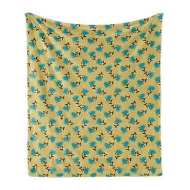 Turquoise Blue Soft Flannel Fleece Throw Blanket, Abstract Pattern of Flower Petal with Peduncle, Cozy Plush for Indoor and Outdoor Use, 50" x 70", Camel Dark Turquoise, by Ambesonne