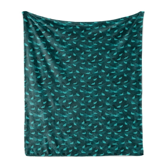 Turquoise Blue Soft Flannel Fleece Throw Blanket, Waterfowl Bird Silhouettes on Abstract Swirling Wave Lines, Cozy Plush for Indoor and Outdoor Use, 50" x 60", Petrol Blue Turquoise, by Ambesonne