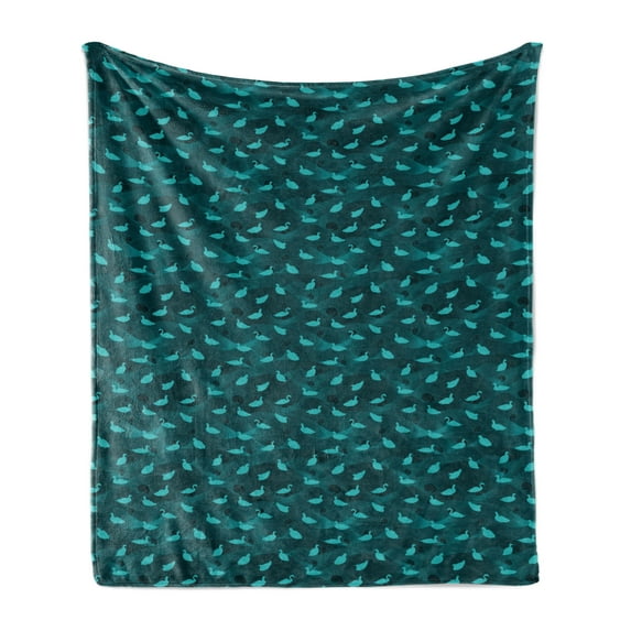 Turquoise Blue Soft Flannel Fleece Throw Blanket, Waterfowl Bird Silhouettes on Abstract Swirling Wave Lines, Cozy Plush for Indoor and Outdoor Use, 50" x 60", Petrol Blue Turquoise, by Ambesonne