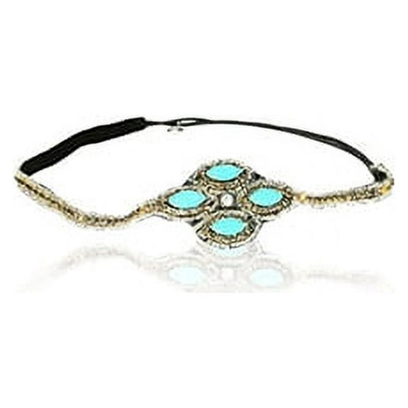 Turquoise Blue Stone with Diamond Crystal Cross Headband Rhinestone Elastic Stretch Headband with Style Guide