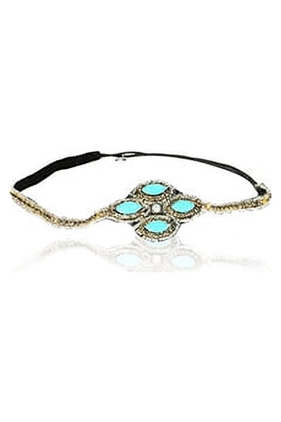 Turquoise Blue Stone with Diamond Crystal Cross Headband Rhinestone Elastic Stretch Headband with Style Guide