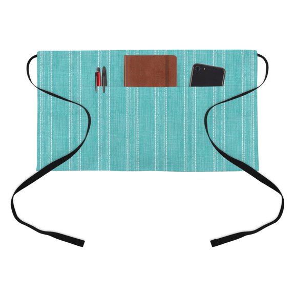 Turquoise Blue Striped Kitchen Restaurant Half Waist Apron, Coastal Grandma Farmhouse Rustic Linen Texture Server Short Apron with 3 Pockets Waterproof Oil Waist Aprons for Women Waitress Waiter
