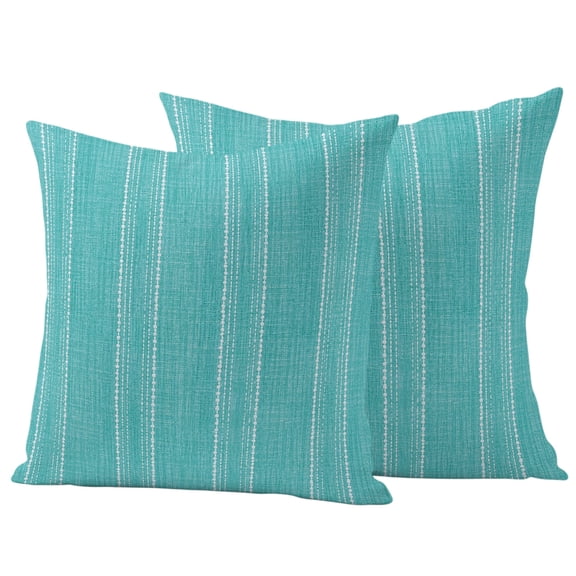 Turquoise Blue Striped Pack of 2 Outdoor Throw Pillow Covers 26x26 Inches, Coastal Grandma Farmhouse Rustic Linen Texture Waterproof Pillowcases Decorative Cushion Cover for Patio Garden Furniture