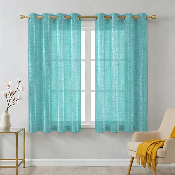 Turquoise Blue Striped Sheer Curtains 39 Inch Long 2 Panels, Coastal Grandma Farmhouse Rustic Linen Texture Light Filtering Semi Sheer Drapes Grommet Voile Window Curtain for Living Bedroom W27.9xL39