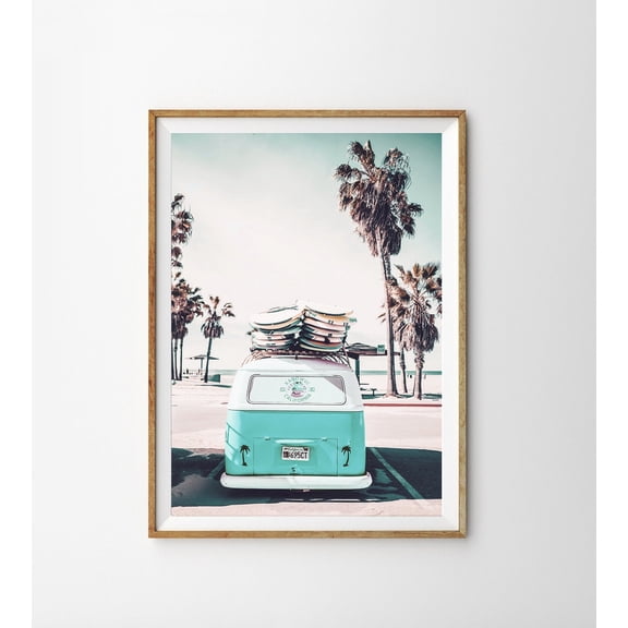 Turquoise Blue Surf Van Art Boho Beach Decor Surfing Camper Van Boys Nursery Poster, Unframed Paper Poster 16x20in