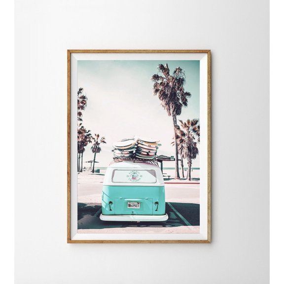 Turquoise Blue Surf Van Art Boho Beach Decor Surfing Camper Van Boys Nursery Poster, Unframed Paper Poster 8x10in