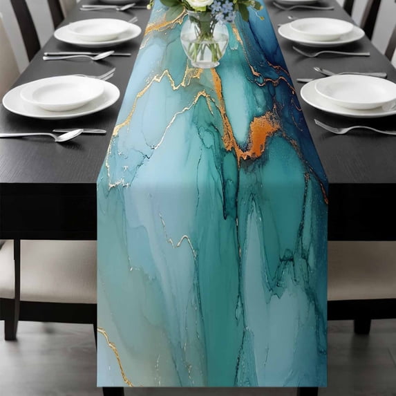 Turquoise Blue Table Runner 70 Inches Long, Modern Teal Gold Marble Textured Kitchen Coffee Dining Table Decoration for Home Party Birthday Wedding Home Decor 13x70 Inches