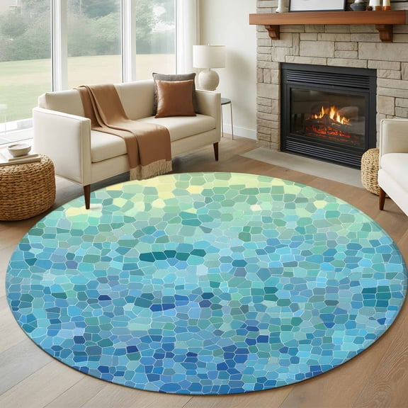 Turquoise Blue Teal Large Round Rug 8 FT, Non Slip Living Room Area Carpet, Chic Stained Glass Texture Aesthetic Washable Soft Circle Rug Non-Shedding Floor Carpet for Bedroom Office Dining Room