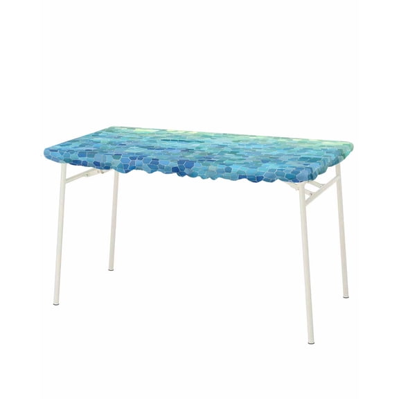 Turquoise Blue Teal Rectangle Tablecloth, Waterproof Elastic Fitted Table Covers for 8 Foot Tables, 32x96inch Decorative Tablecloths for Picnic, Camping, Outdoor, Chic Stained Glass Texture Aesthetic